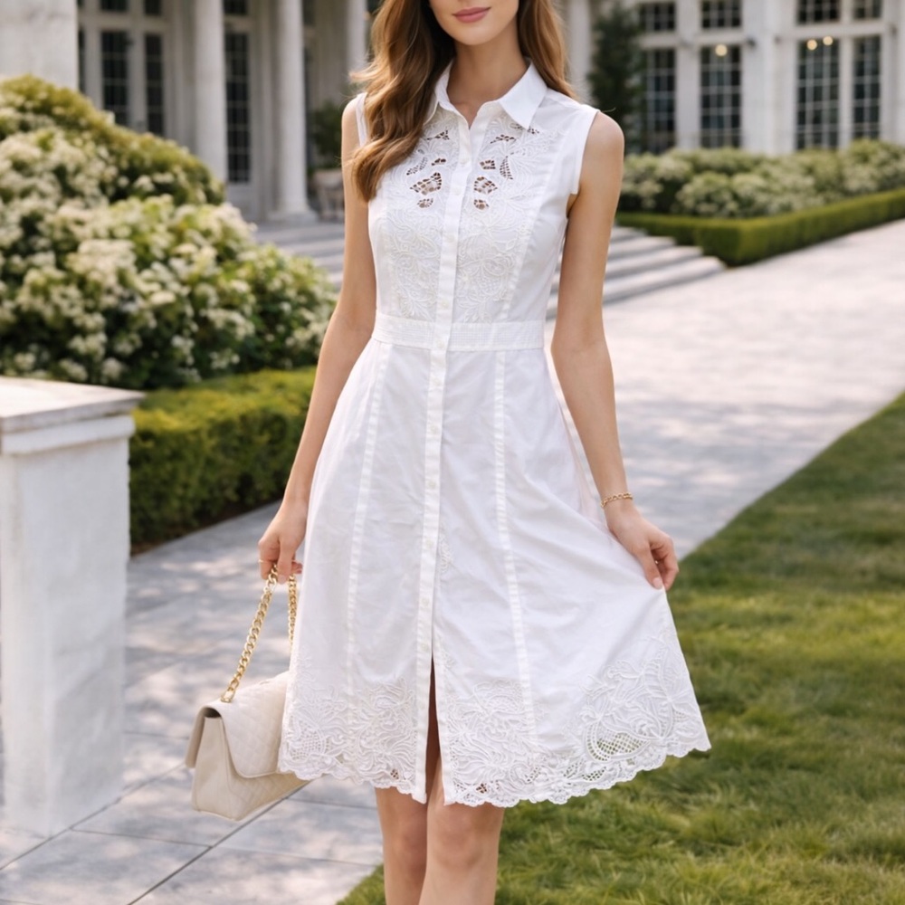 KAREN MILLEN White Lace Shirt Dress Sz 10 Cottagecore Bridal Rehearsal Summer